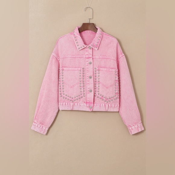 Studded Collared Neck Denim Jacket with Pockets - Picture 1 of 8